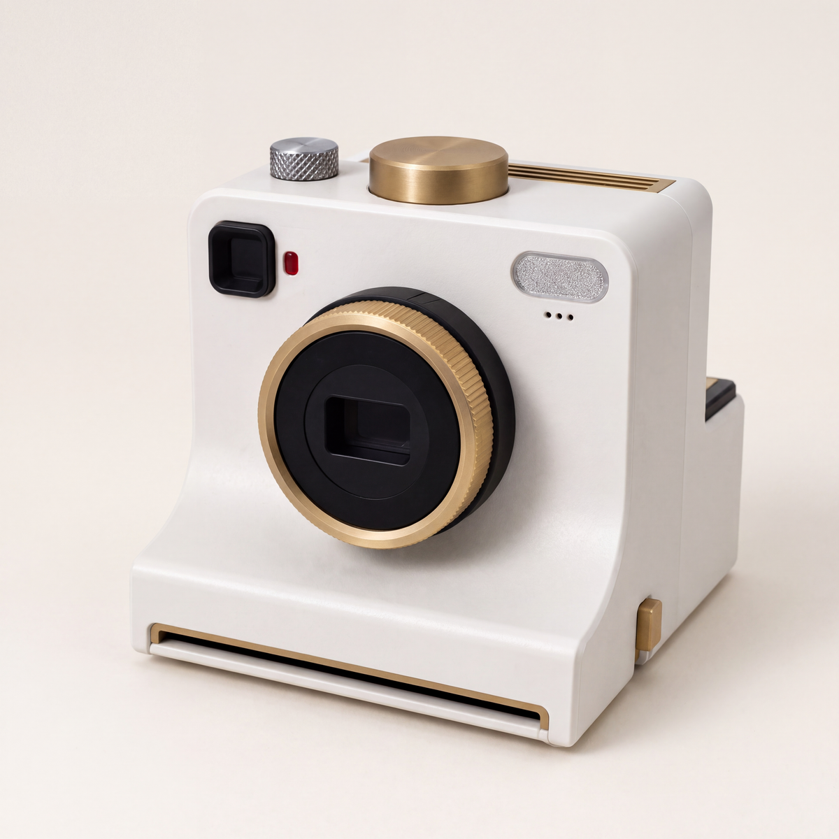 White Plexa Coffee Art Camera with gold-tone details on an ivory background.