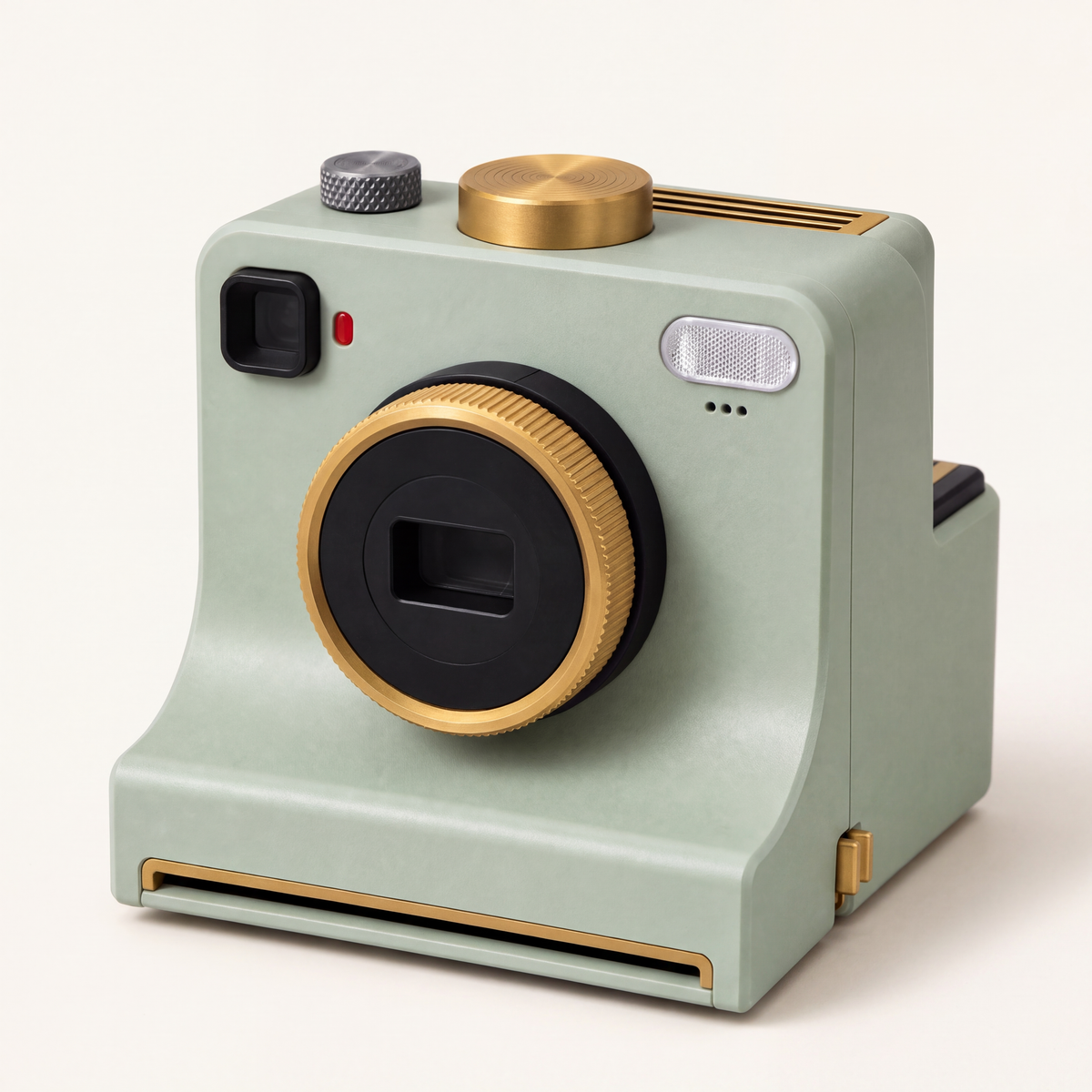 Sage green Plexa Coffee Art Camera with gold-tone details on an ivory background.