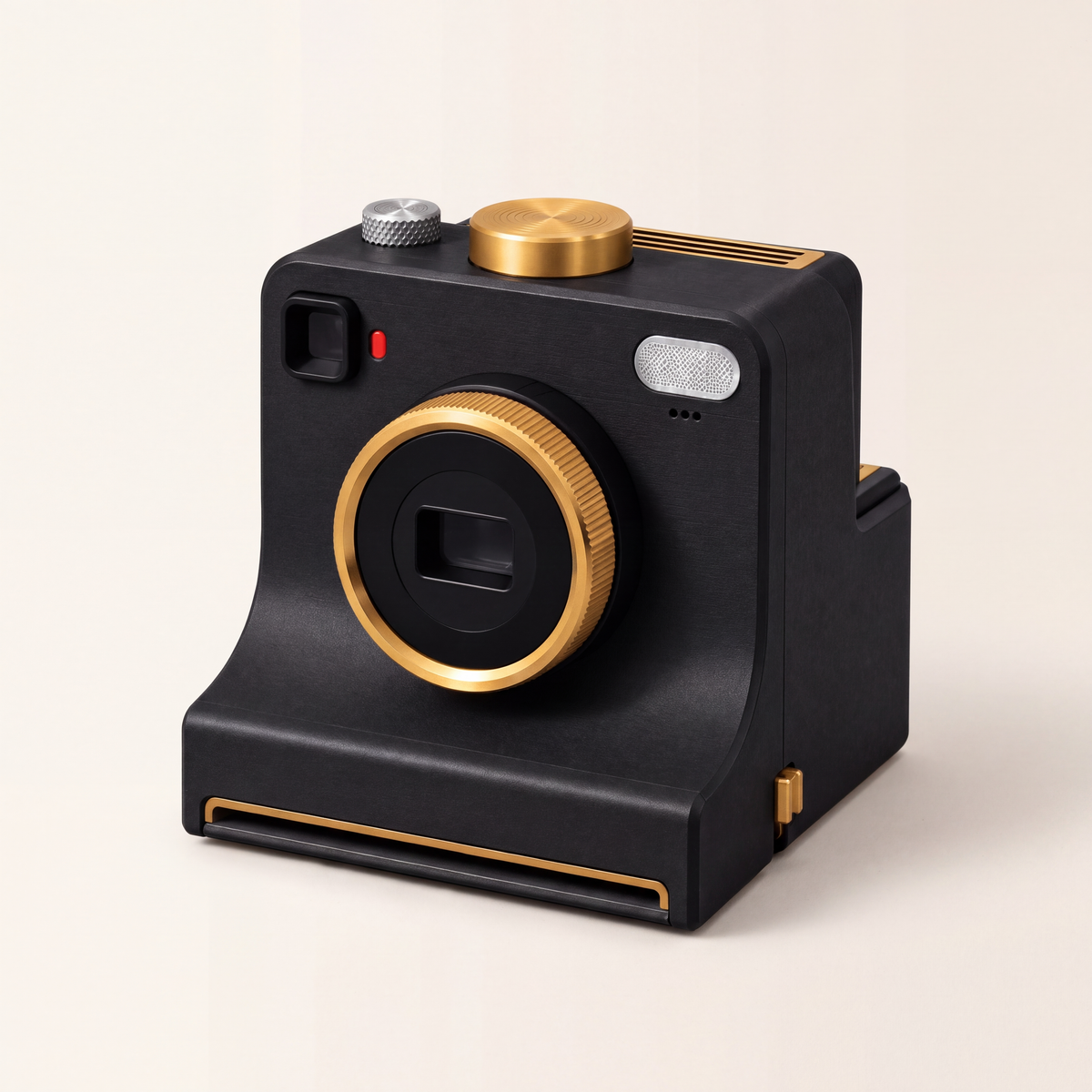 Black Plexa Coffee Art Camera with gold-tone details on an ivory background.