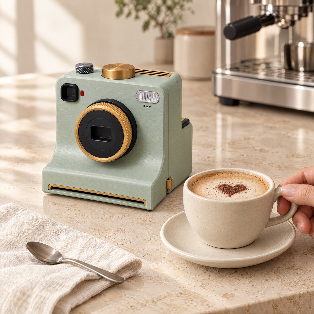 Sage green Plexa Coffee Art Camera beside a cocoa-decorated latte in a morning coffee corner.