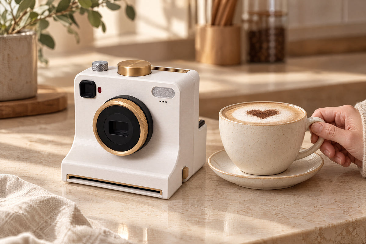 White Plexa Coffee Art Camera and a decorated cappuccino on a softly lit coffee counter.