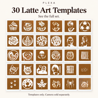 Plexa 30 latte art template cards shown individually in a six by five grid based on the supplier's full set photo. Templates only, camera sold separately.