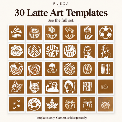 Plexa 30 latte art template cards shown individually in a six by five grid based on the supplier's full set photo. Templates only, camera sold separately.