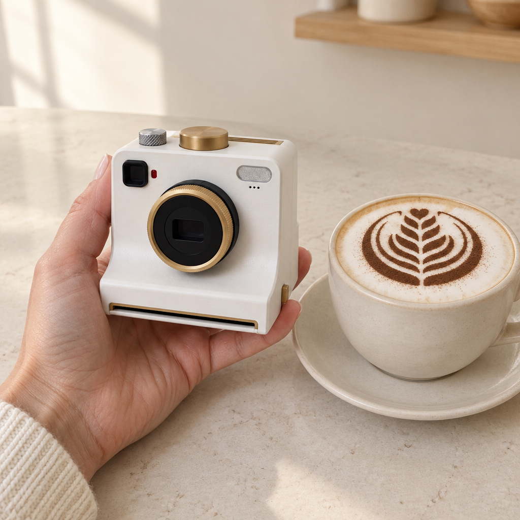 Plexa coffee art camera held in one hand next to a cappuccino with a cocoa leaf design