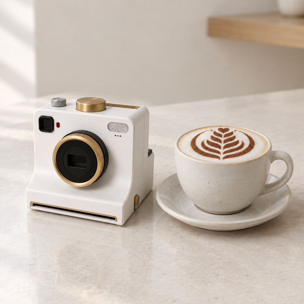 White Plexa camera beside a cappuccino on a kitchen counter