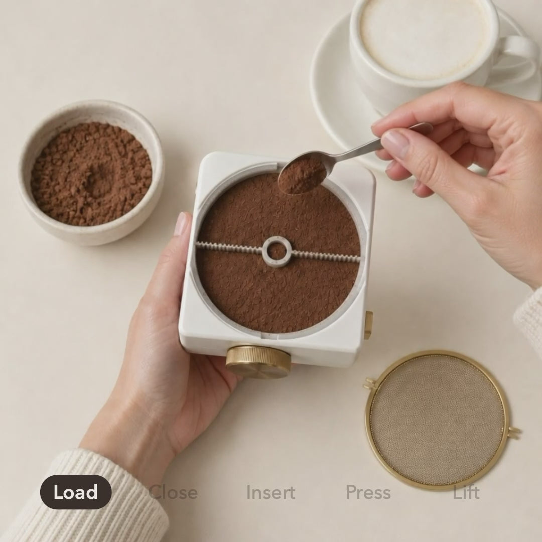 How it works: load cocoa, close, insert a card, press, lift